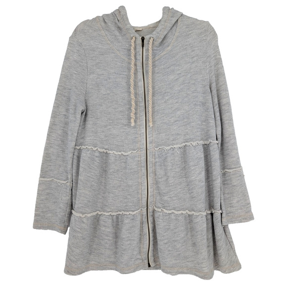 Easel Gray Babydoll Tiered Rufffle Hem Boho Cottage Hooded Zip Cardigan Medium - Picture 3 of 8